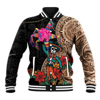 Unisex black baseball jacket with multicolor Aztec skull graphic and striped ribbed collar