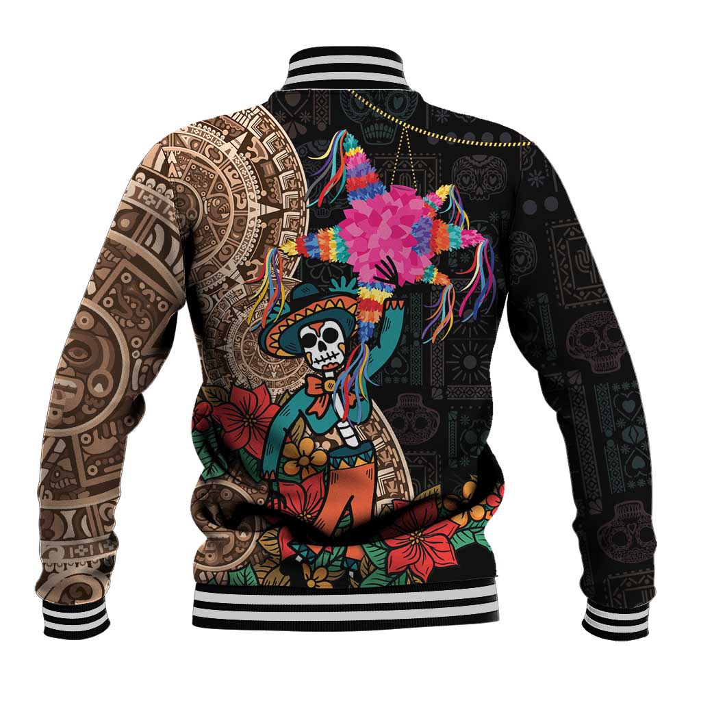 Unisex baseball jacket with black and tan sleeves; multicolor Aztec skull graphic and striped ribbing