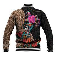 Unisex baseball jacket with black and tan sleeves; multicolor Aztec skull graphic and striped ribbing