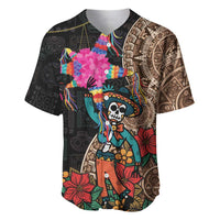 Black baseball jersey with colorful skull-and-flowers graphic, Aztec patterns
