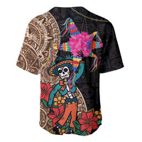 Black baseball jersey with colorful skull character and Aztec motif panel design