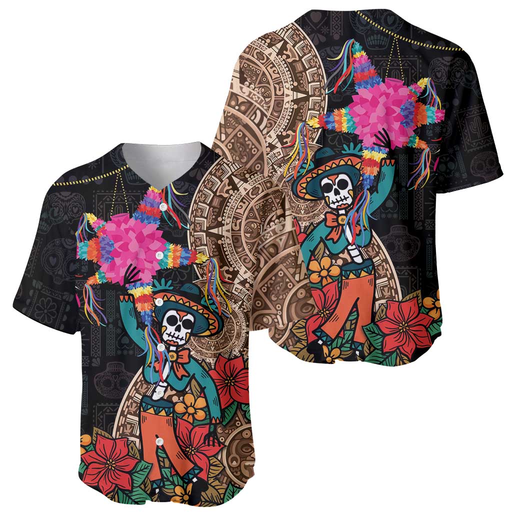 Black baseball jersey with colorful skull character, pom-pom accents and Aztec print