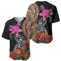 Black baseball jersey with colorful skull character, pom-pom accents and Aztec print