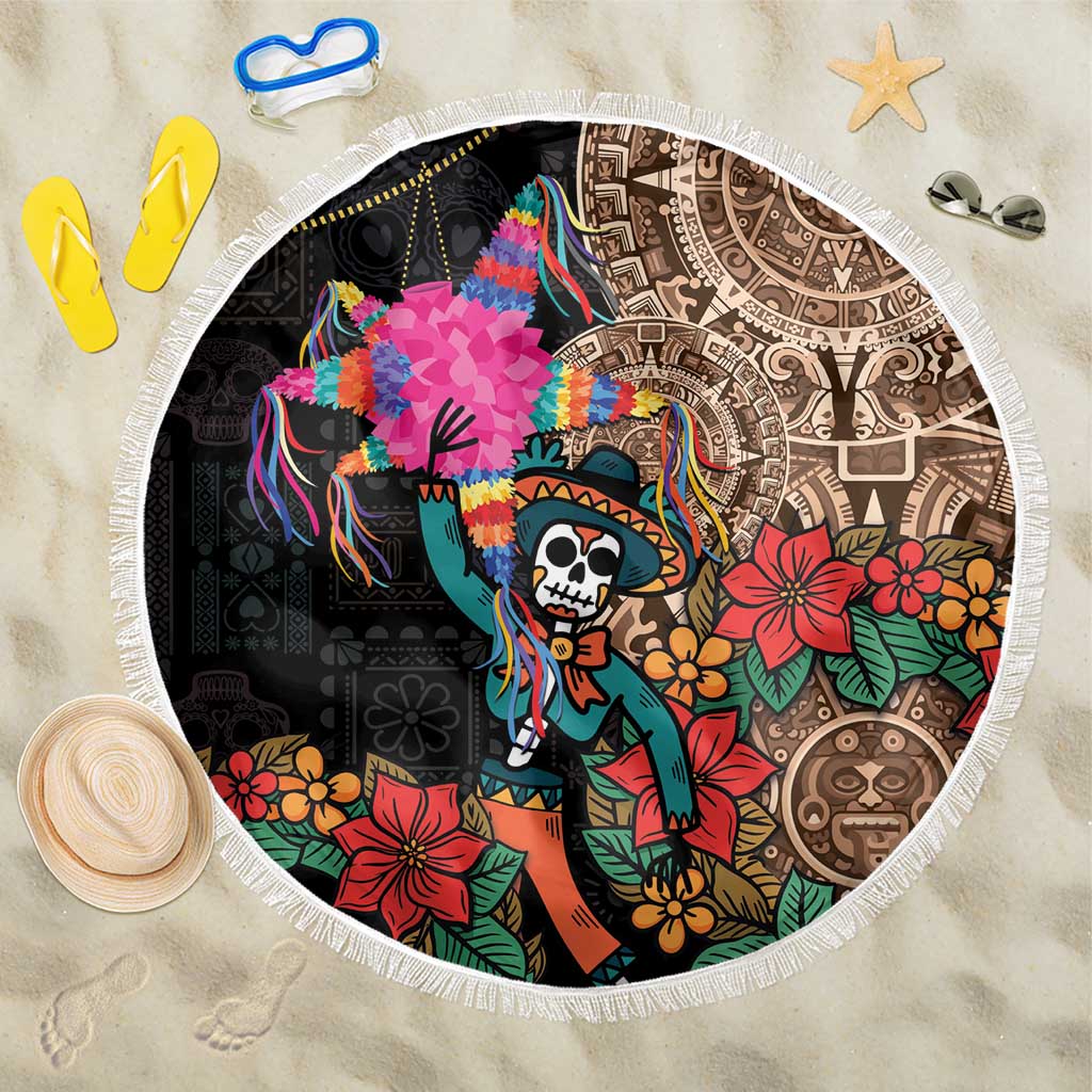 Round black beach blanket with white fringe, colorful Aztec skull-and-woman artwork