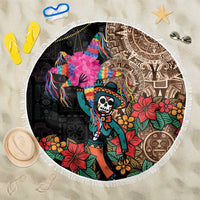 Round black beach blanket with white fringe, colorful Aztec skull-and-woman artwork