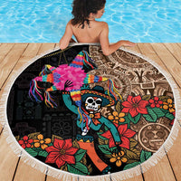 Round black beach blanket with white fringe, colorful Aztec skull-and-woman graphic