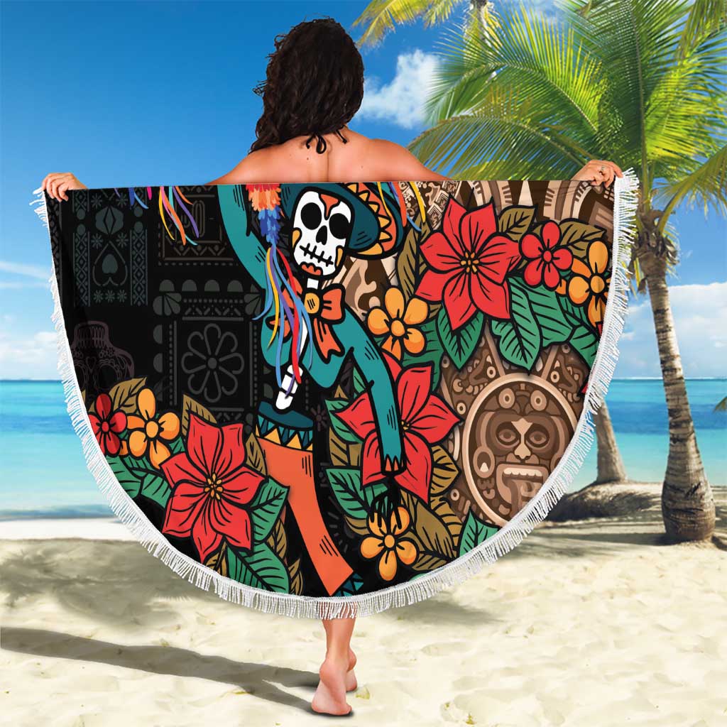 Round black beach blanket with white fringe, colorful Aztec skull-and-woman design, held up