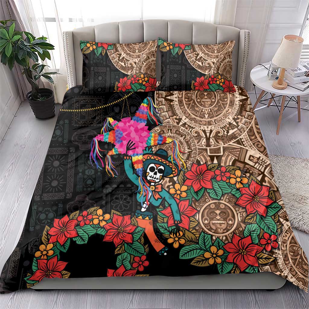 Black Aztec floral bedding set with skull dancer and matching pillow shams