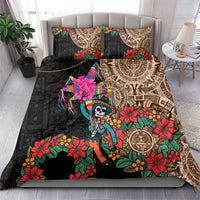 Black Aztec floral bedding set with skull dancer and matching pillow shams
