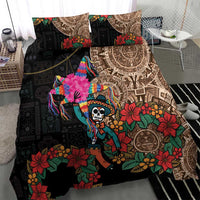 Black bedding set with Aztec circle and colorful pinata skull print