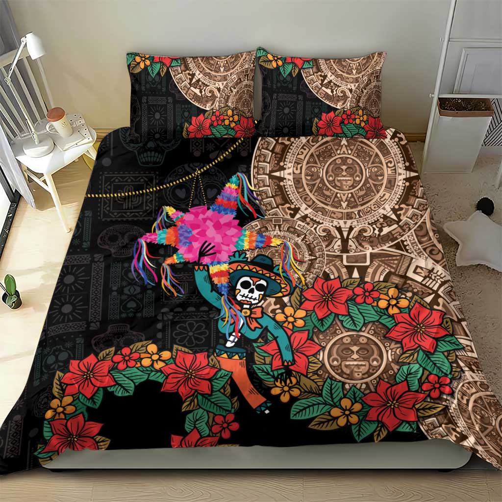 Bedding set with black and tan Aztec print, colorful pinata and floral design
