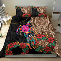 Bedding set with black and tan Aztec print, colorful pinata and floral design