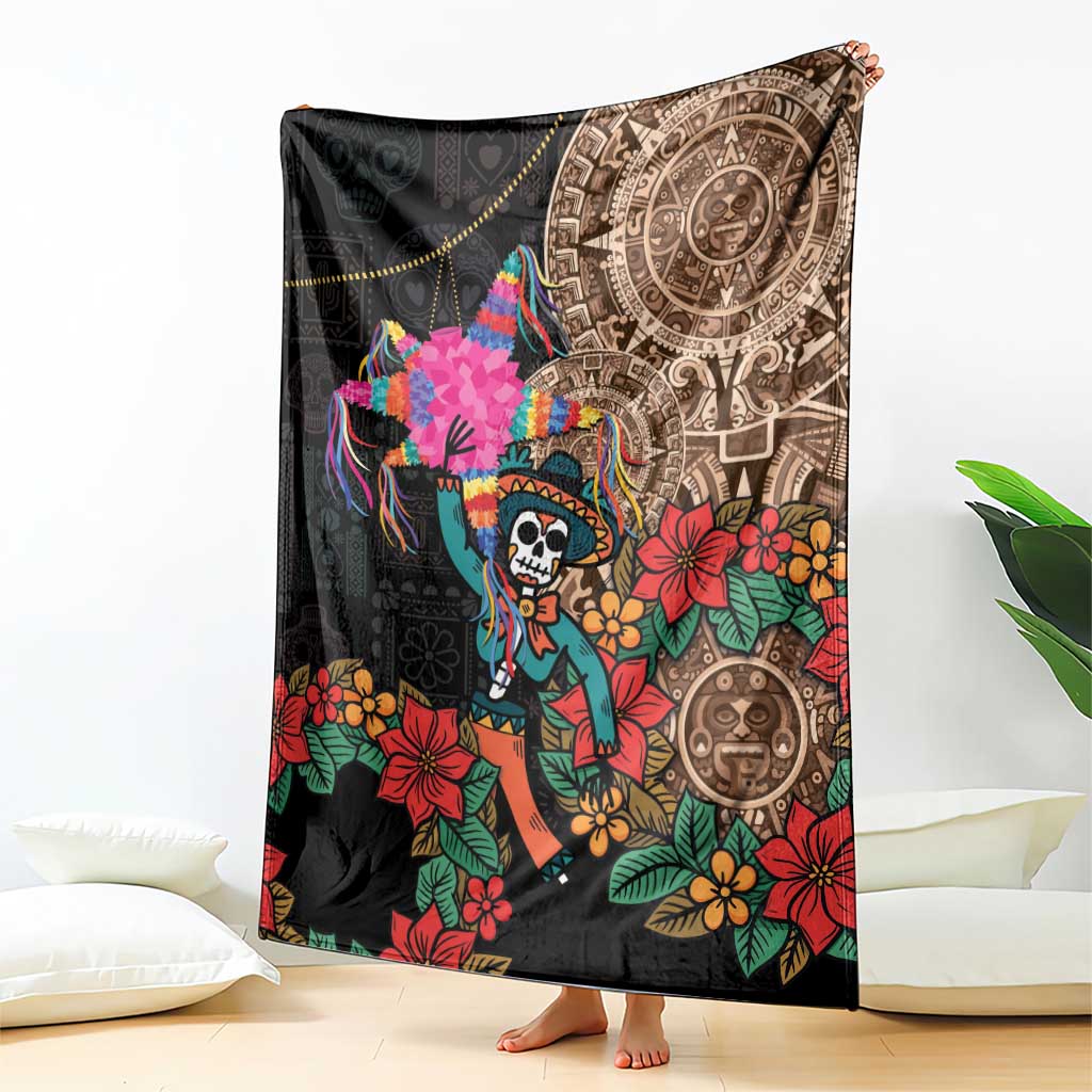 Black Mexican blanket featuring skeleton figure, tropical flowers, and large Aztec circle panel