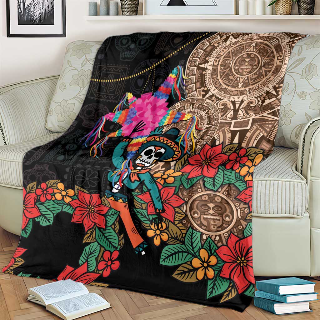 Black throw blanket with Day of the Dead skeleton, vibrant flowers, and ornate Aztec circle