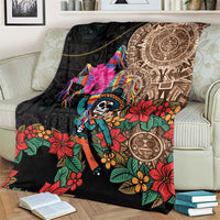 Black throw blanket with Day of the Dead skeleton, vibrant flowers, and ornate Aztec circle