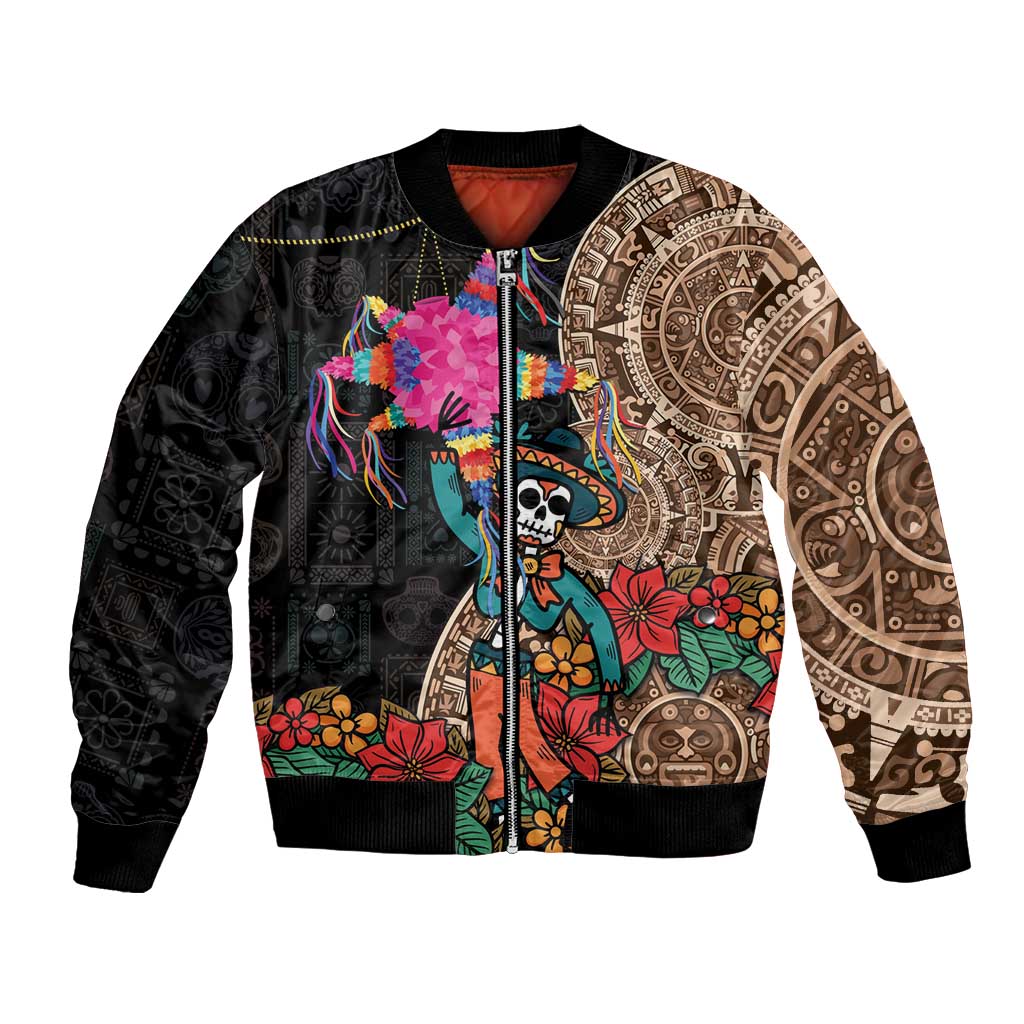 Black unisex bomber jacket with colorful Aztec-style print and skull pinata graphic
