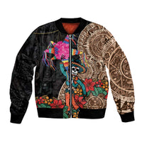 Black unisex bomber jacket with colorful Aztec-style print and skull pinata graphic