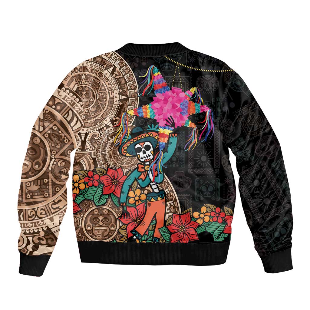Black unisex bomber jacket with front Aztec circle print and bright floral skull art