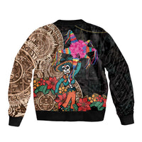 Black unisex bomber jacket with front Aztec circle print and bright floral skull art