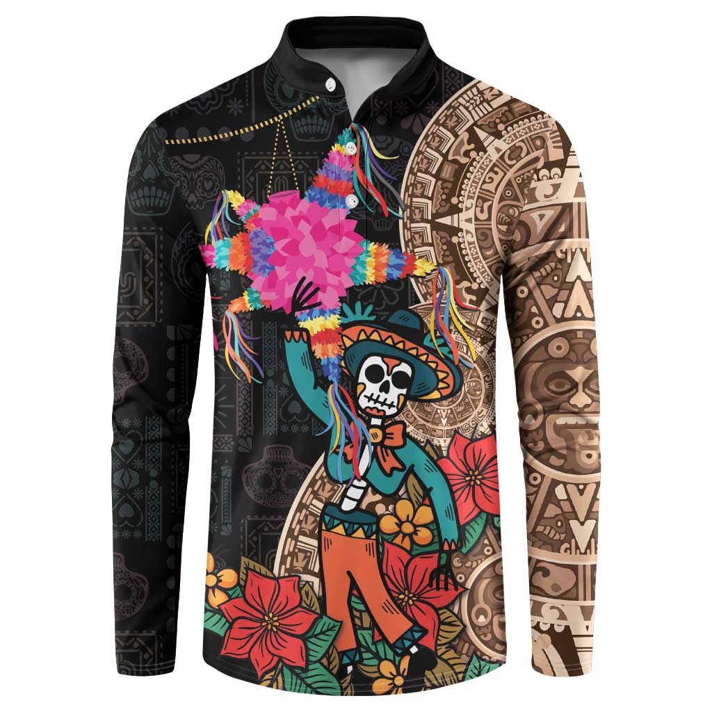 Button-front sweatshirt in black with colorful skull and floral pinata graphic