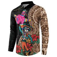 Button-front sweatshirt with black background and full-color skull, flowers, and pom-pom