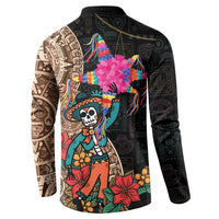 Back of button-front sweatshirt with colorful skull face and floral design