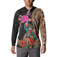 Button-front sweatshirt on model: black with beige Aztec sleeves and skull graphic