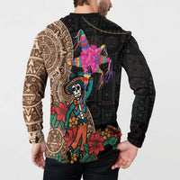 Back view of button-front sweatshirt with skull artwork and multicolor floral accents
