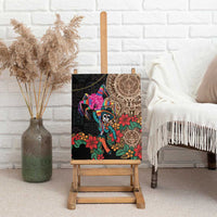 Canvas wall art on easel with mariachi skeleton, vibrant flowers, and Aztec circle designs