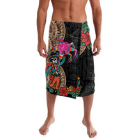 Black patterned lavalava shorts with colorful Aztec circle and floral print