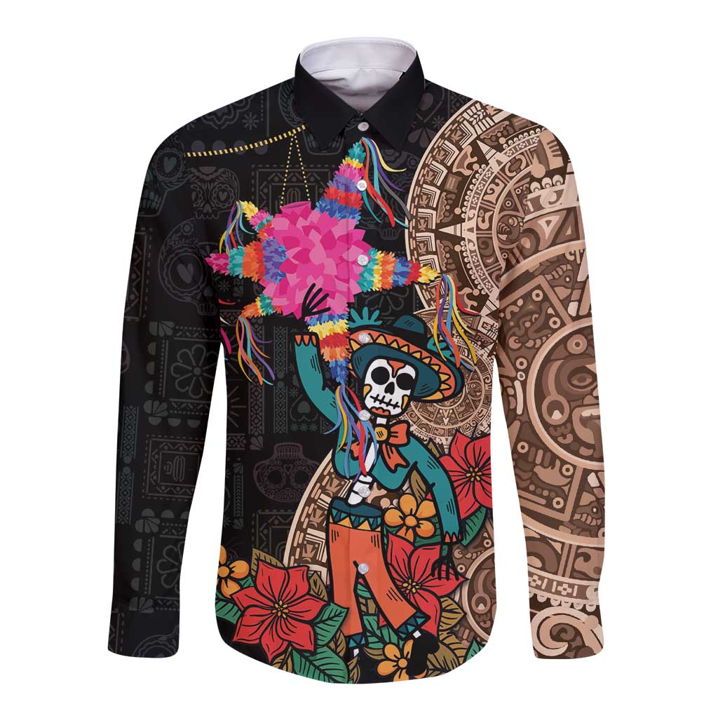 Black long sleeve button shirt with colorful skull pinata and Aztec circle graphic