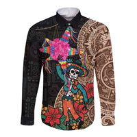 Black long sleeve button shirt with colorful skull pinata and Aztec circle graphic