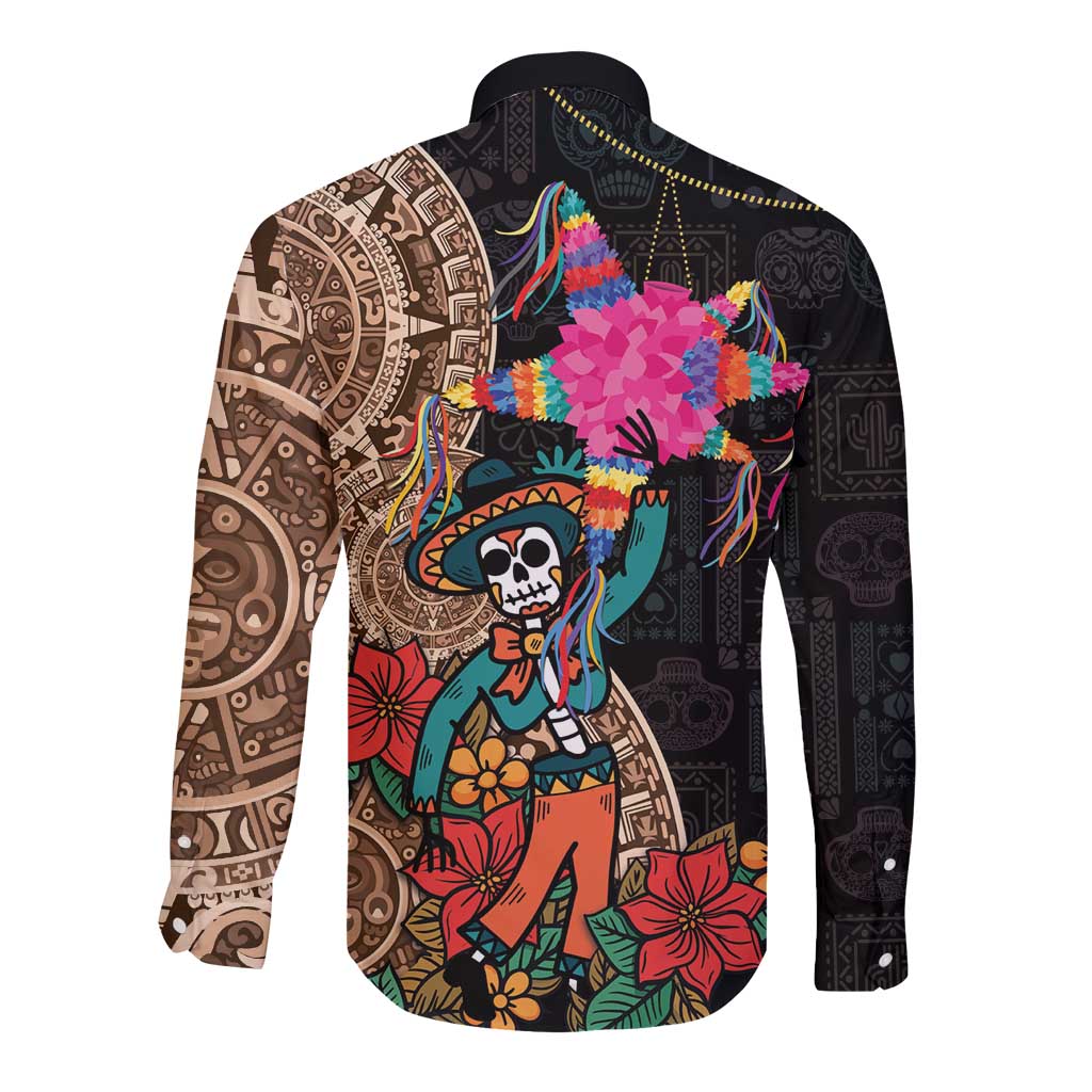 Black long sleeve button shirt with colorful skull pinata graphic and Aztec patterns