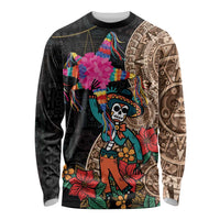 Unisex black long sleeve shirt with colorful skeleton figure and Aztec-style circle prints
