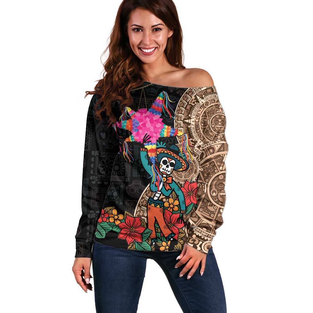 Las Posadas Off Shoulder Sweater Pinata With Mexican Aztec Circle