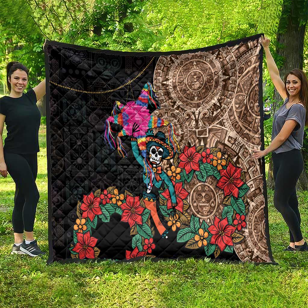 Large black quilt blanket showing Aztec circle, skull dancer, and red floral accents