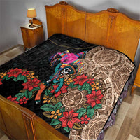 Quilt blanket on bed: black base with Aztec circle corner, skull dancer, red flowers