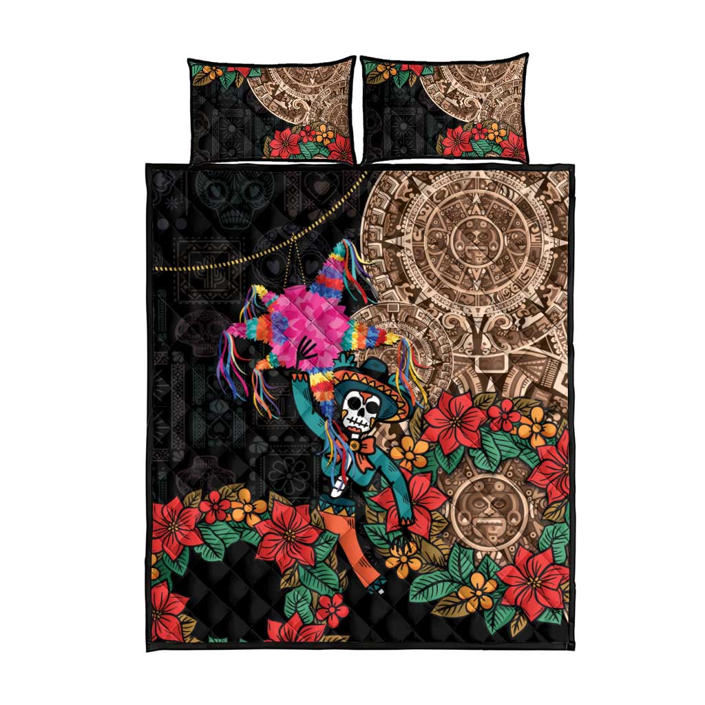 Black quilt bed set showing central Aztec circle, floral print, and skull with ribbons