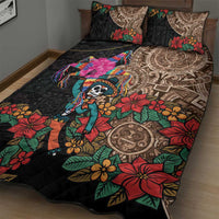 Black quilt bed set with Aztec circle medallion, colorful flowers, and skull in center