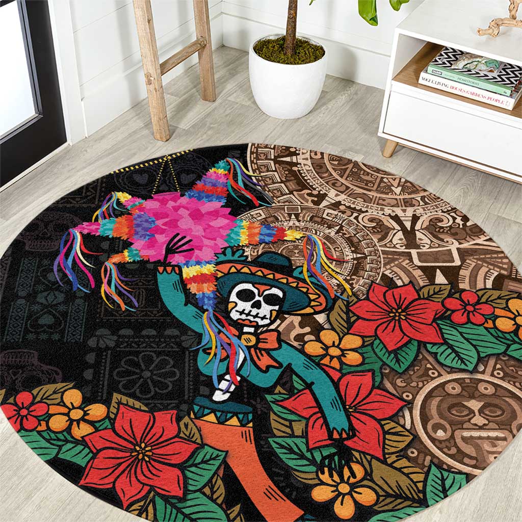 Round black rug with colorful Aztec-style skeleton in hat and floral accents