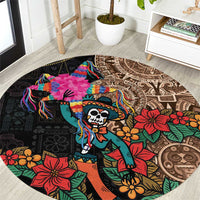 Round black rug with colorful Aztec-style skeleton in hat and floral accents