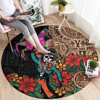 Round black rug with bright sombrero skeleton graphic and looping ribbon details