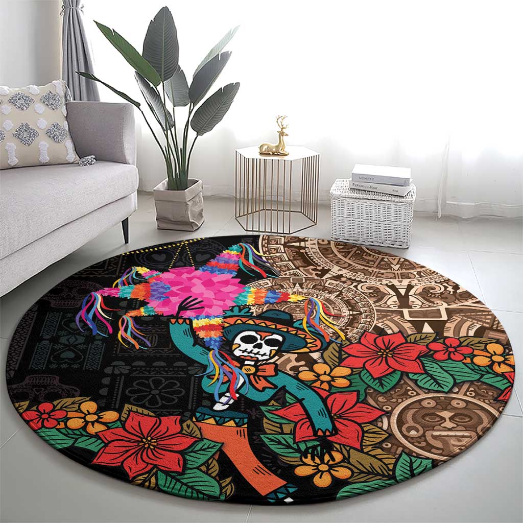 Round black Aztec-style rug with colorful floral accents and skeleton face center