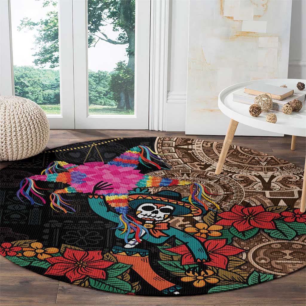 Round black rug with multicolor skeleton in hat, flowers, and geometric border