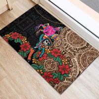Black rubber doormat with colorful piñata and Aztec circle design