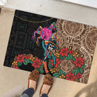 Rubber doormat with colorful piñata skull and floral Aztec print