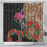 Black shower curtain featuring teal skull, rainbow accents, and Aztec sun art