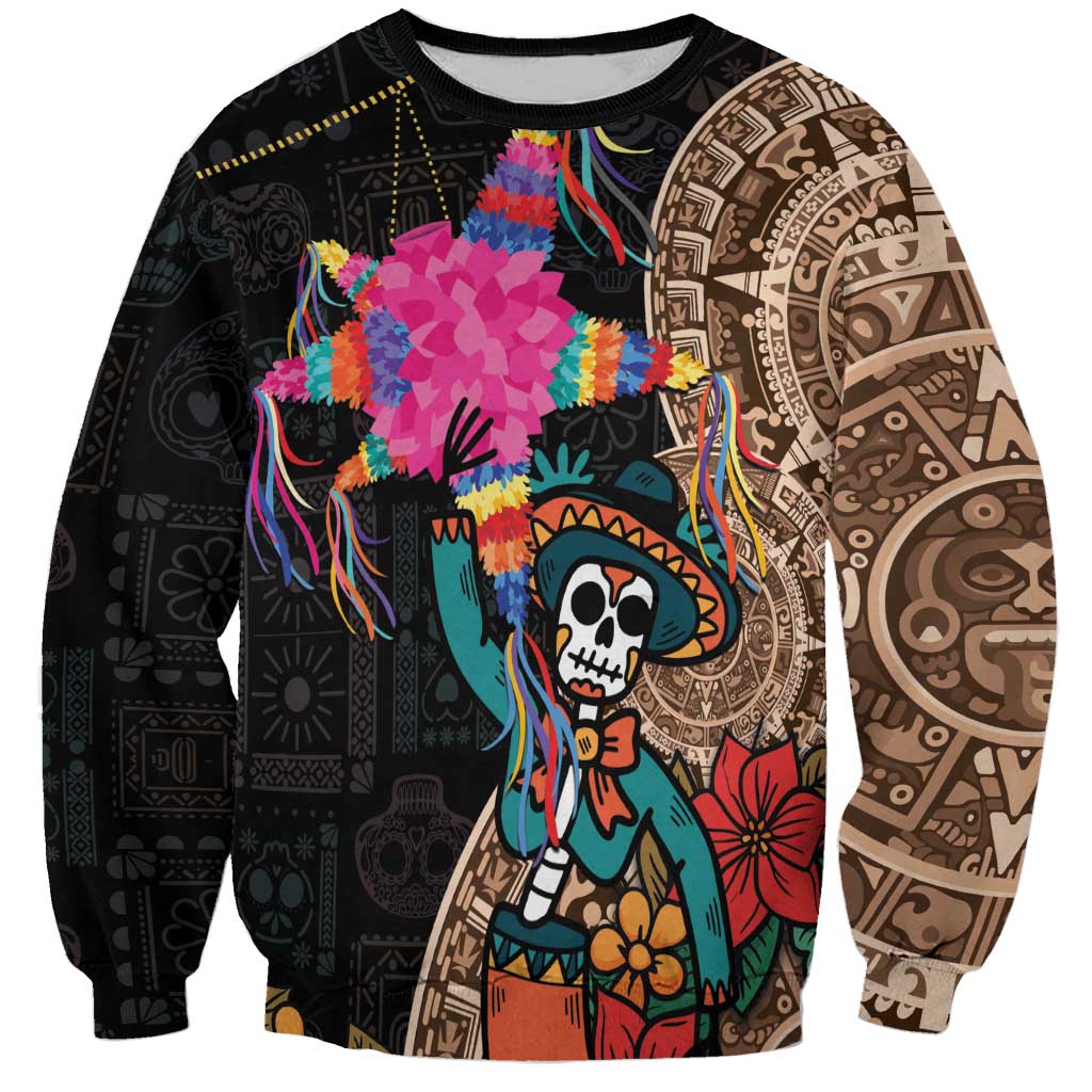 Unisex black sweatshirt with colorful skeleton, flowers, and Aztec-style circle graphic
