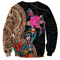 Unisex black sweatshirt with colorful skeleton and flowers, beige patterned left sleeve