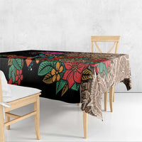 Black tablecloth with multicolor flowers and Aztec motifs, corner drape on bench